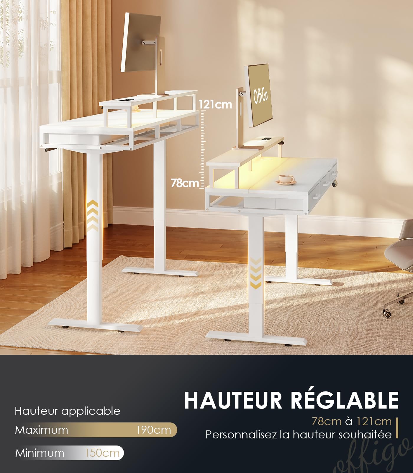 OffiGo Bureau Assis Debout avec 3 Tiroirs, 120cm Bureau Electrique avec Support de Moniteur, Standing Desk avec Chargeur et Lumière LED, Table pour Le Travail, Blanc