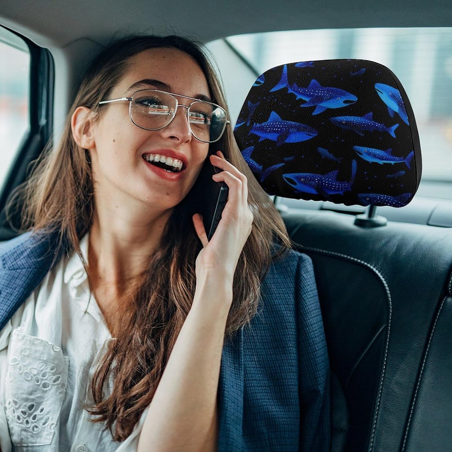 Shark1 Whale Blue Fashion Car Headrest Cover Novelty Elastic Seat Rest Covers for SUV Truck Sedan image 5