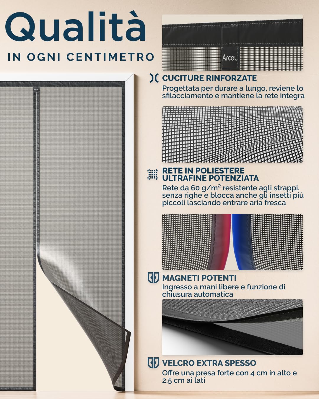ARCOL Zanzariera Magnetica per porte Regolabile in Larghezza - Tenda Zanzariera Porta Finestra con Fettucce a Strappo, Zanzariera magnetica porta finestra accorciabile (155x240 cm, Nero)