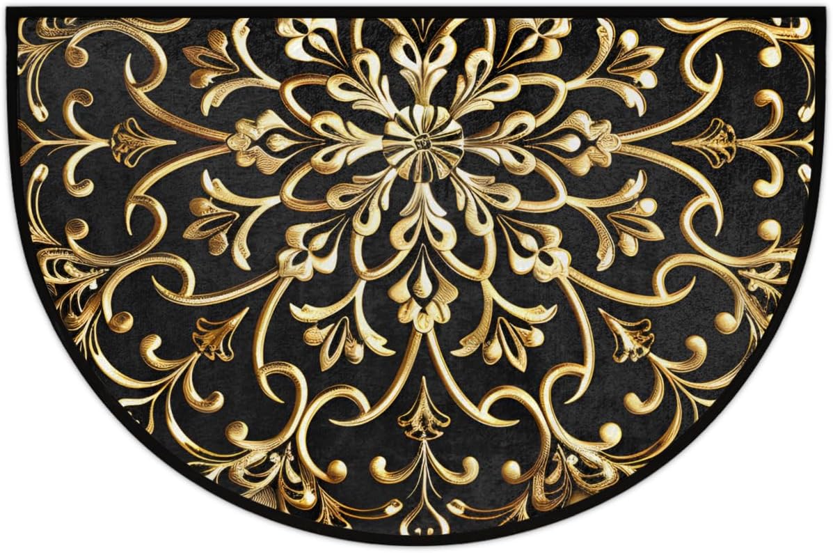 Half Round Door Mat Mandala Gold Ethnic Half Moon Rug Mandala Flower Washable Half Circle Area Rugs Indoor Entrance Non Slip Semi Circle Bathroom Rugs Floor Carpet for Kithen Bedroom Fireplace Decor