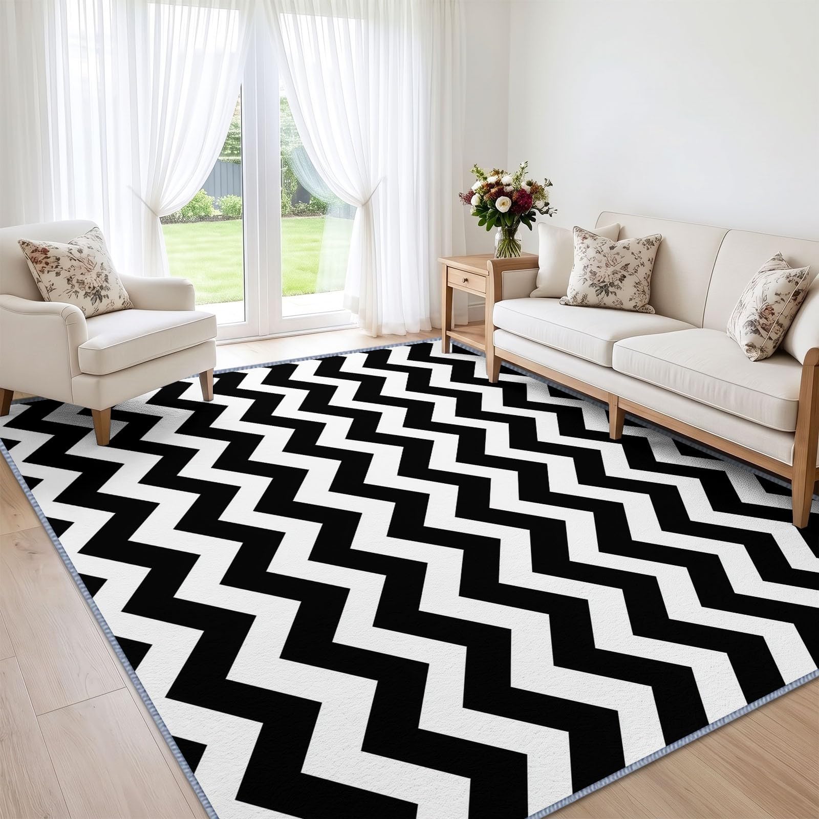 Tapis de Salon 100 x 160 cm Rayures Horizontales Noir Blanc Tapis de Chambre, Doux et Antidérapant Médiéval Géométrique Lavable en Machine Paillasson pour Salon Cuisine Couloir et Décoration Maison