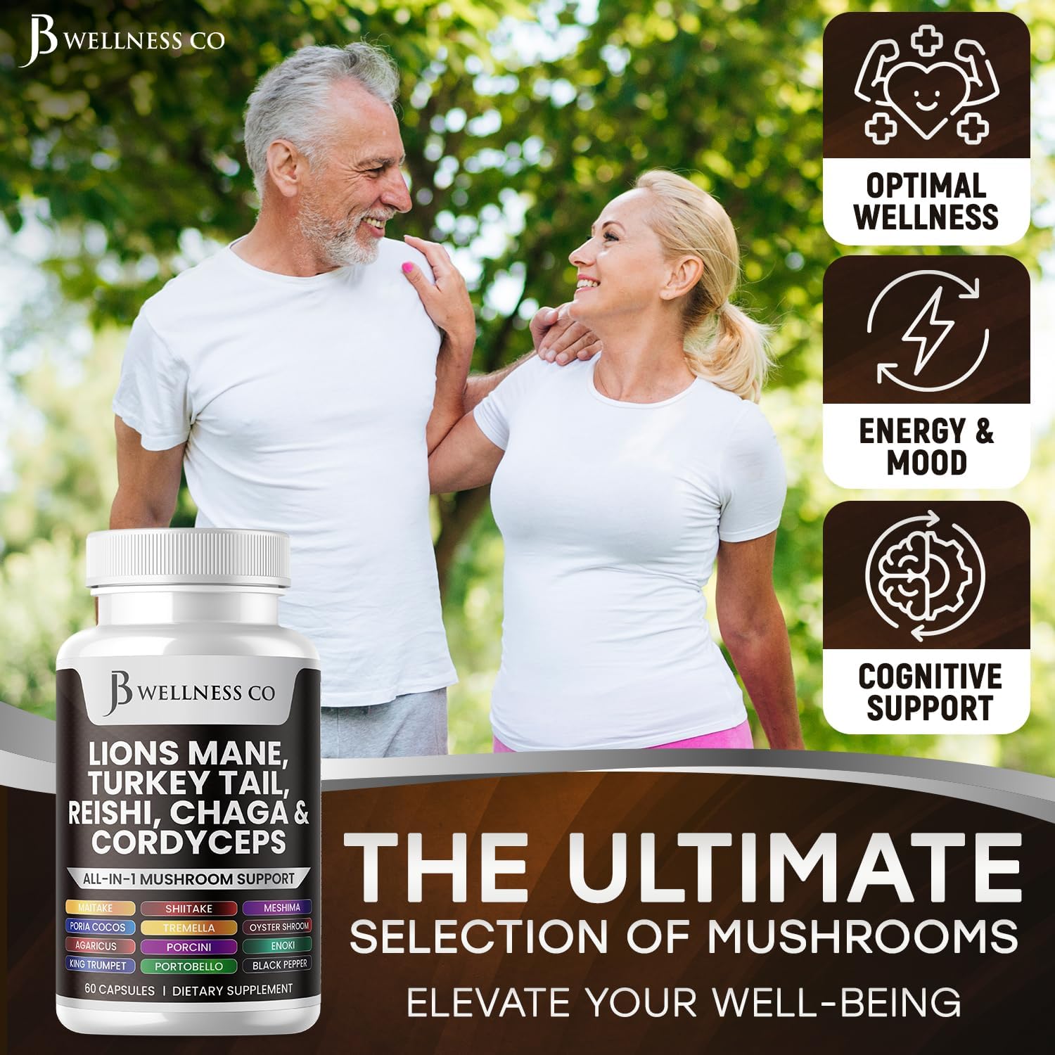 JB Wellness Co Lions Mane Supplement Cognitive Support, Immune Health with Turkey Tail 20in1 Mushroom Reishi Cordyceps Chaga with Marshmallow Root -180 Count