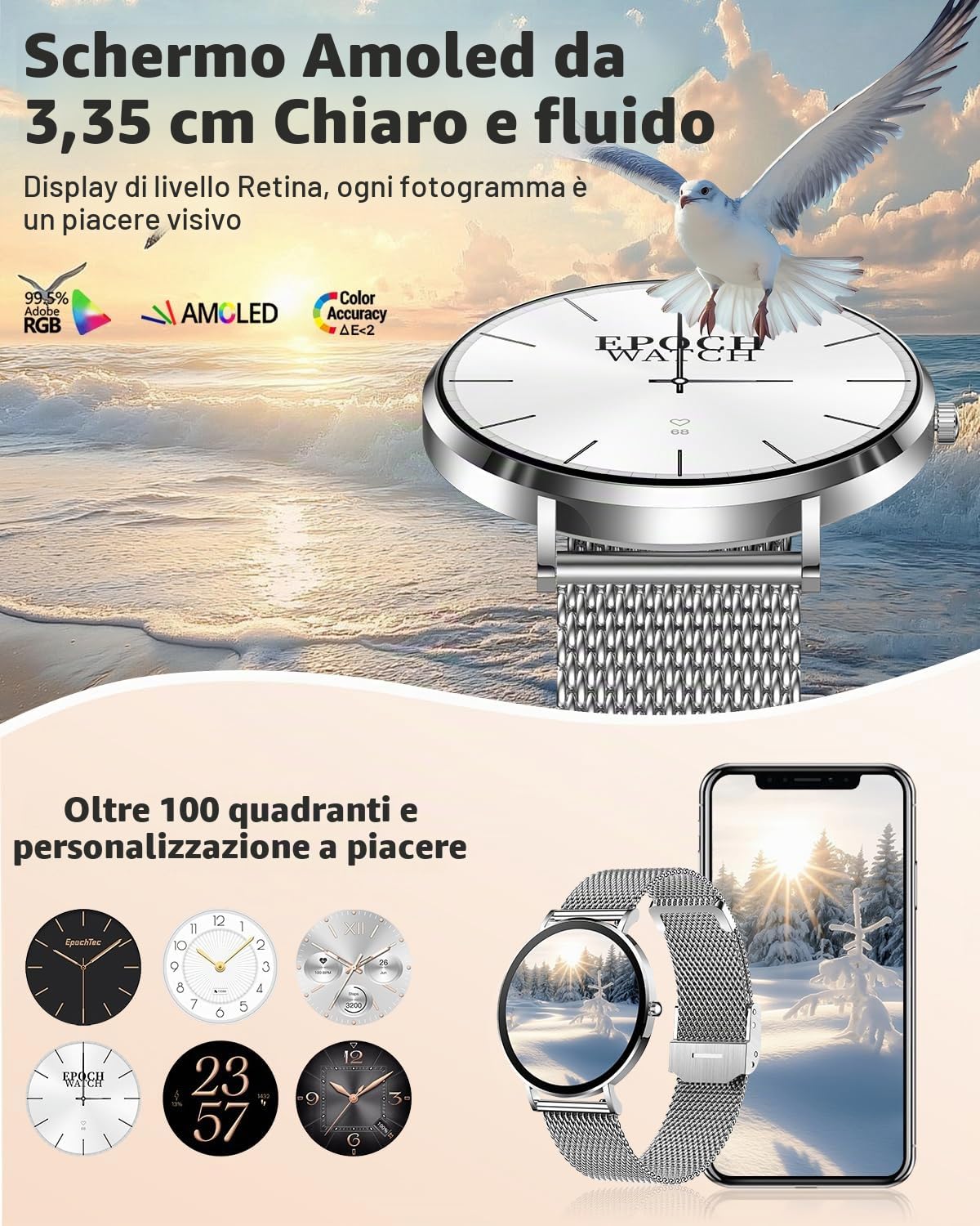 Smartwatch Donna,NOVEA Ultradelgada 1.32" Schermo Touch Chiamate Bluetooth, 100+ Modalità Sportive, SpO2 Orologio Cardiologico Monitor del Sonno Contapassi, Ciclo Menstruale IP68, Android/iOS