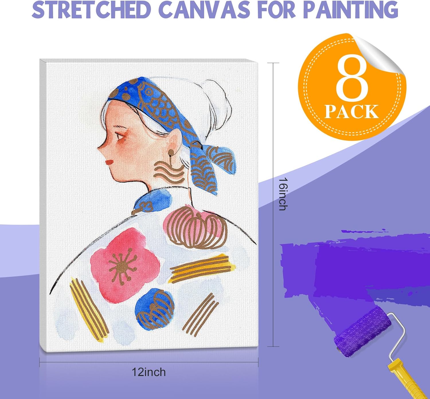 ESRICH 12x16 Stretched Canvas for Painting, 8 Pack Blank Canvases for Painting -5/8 in Profile Primed Cotton Painting Canvas for Oil & Acrylic Paint