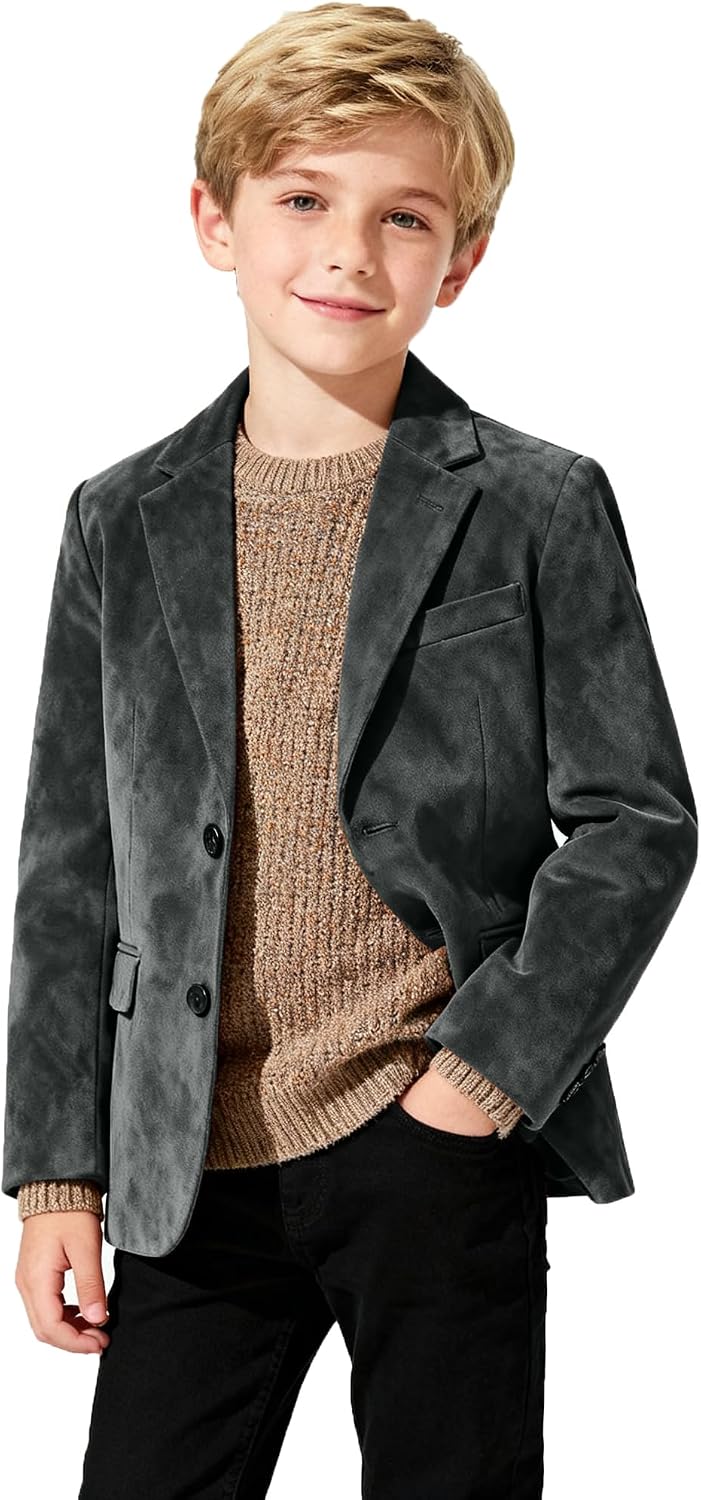 Boys Formal Suits 2 Pieces,Suede Blazer with a Black Dress Pants,Size 4-16