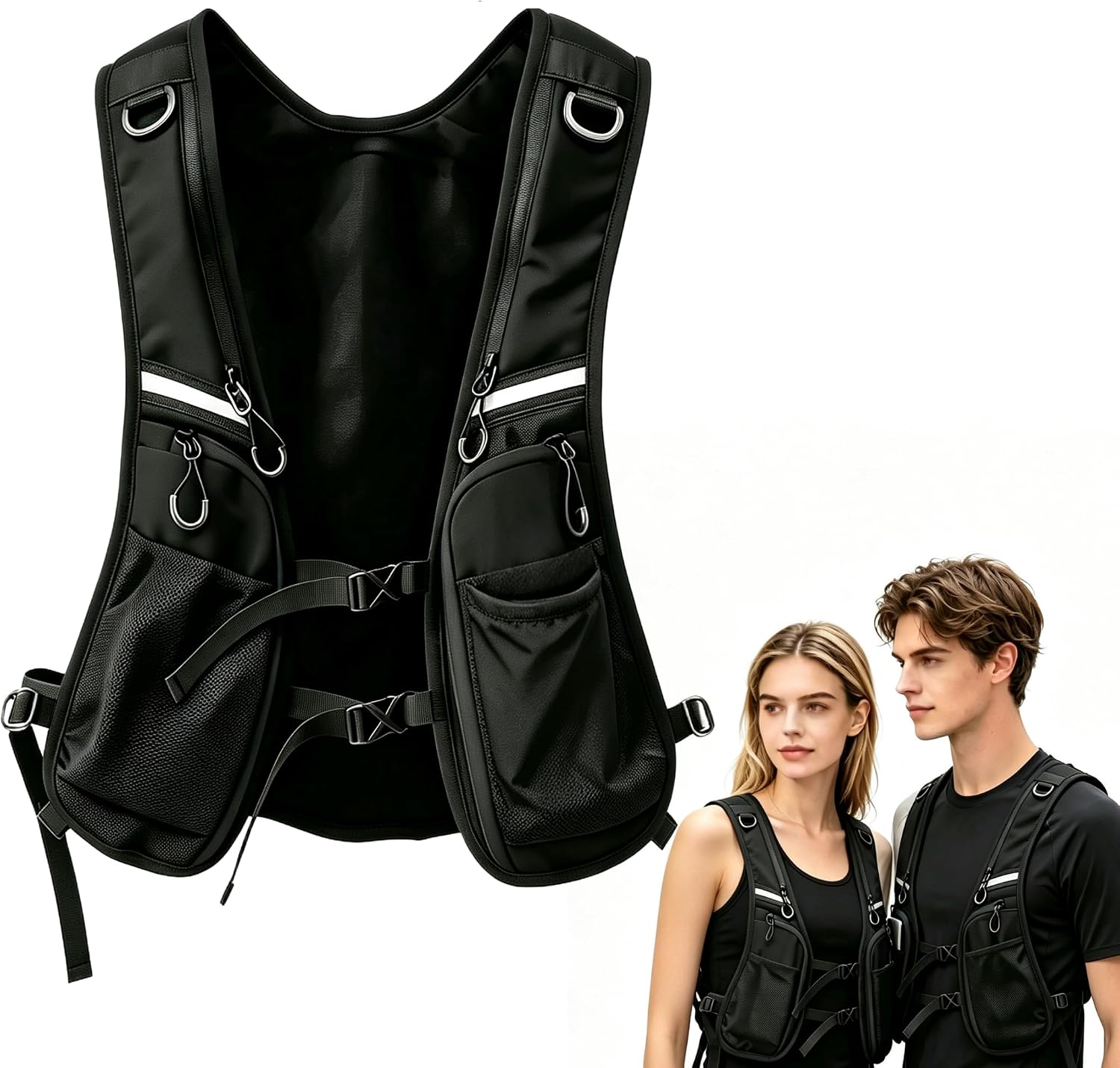 Reflective Breathable Running Cargo Vest, Multi‑Pocket for Men Women, Black
