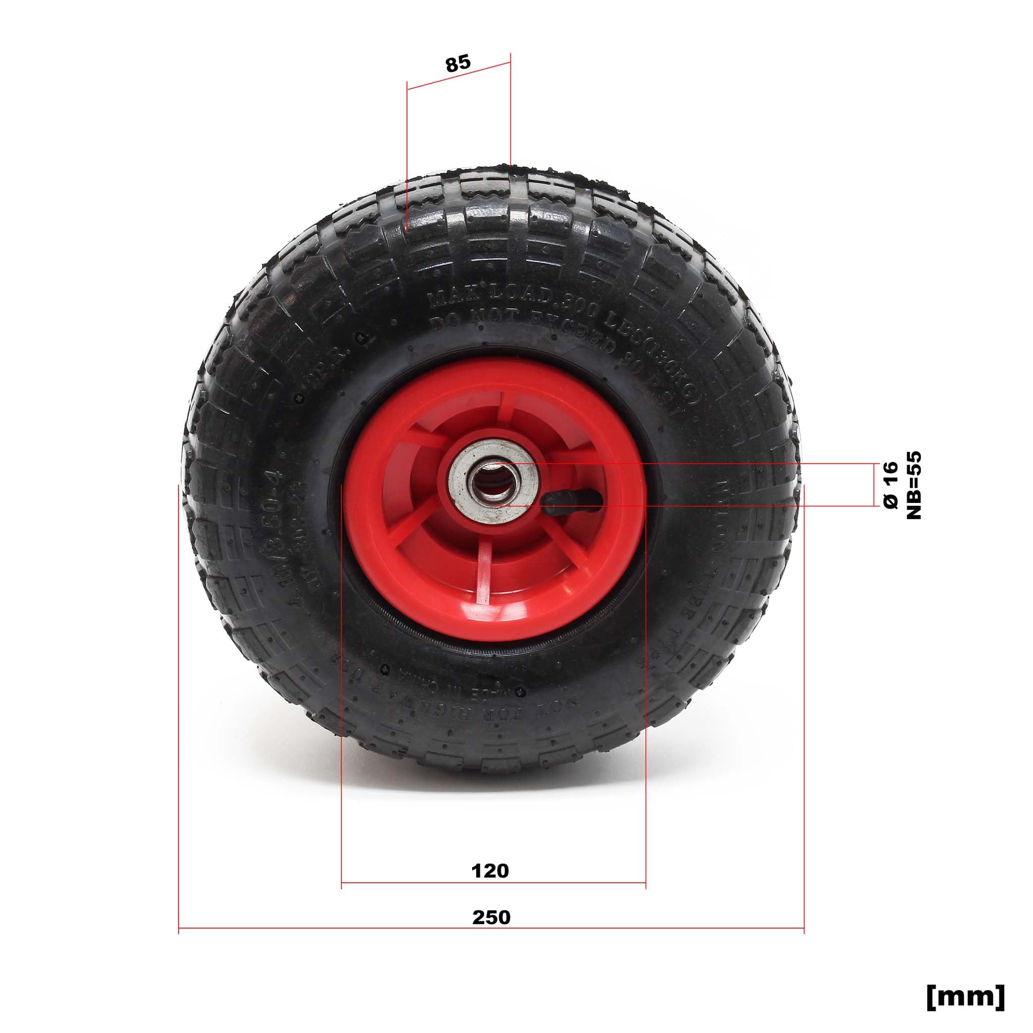 Wiltec Rad 4.10/3.50-4 85 x 250 mm 136 kg, Schubkarren Komplettrad mit Kunststofffelge, Winkelventil, Luftreifen für Sackkarre, Bollerwagen u.a