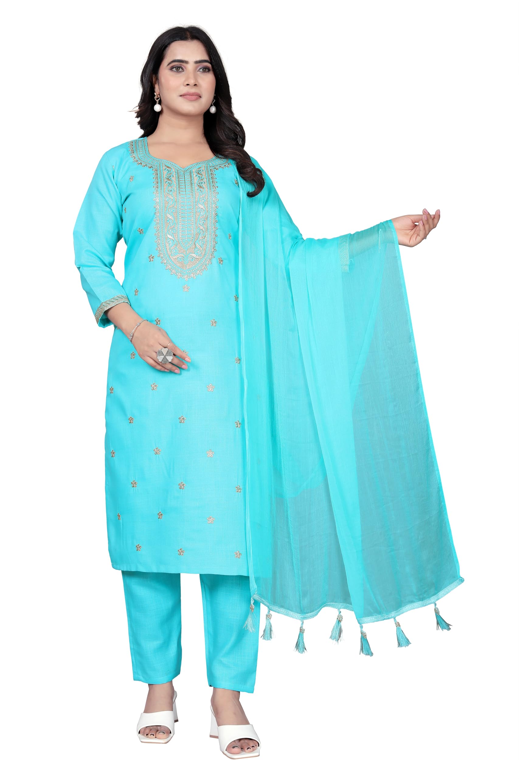 women- Slub cotton embrodered kurti,pant set with dupatta,regural (IN, Alpha, 2XL, Regular, women, SKY BLUE)-picture-12