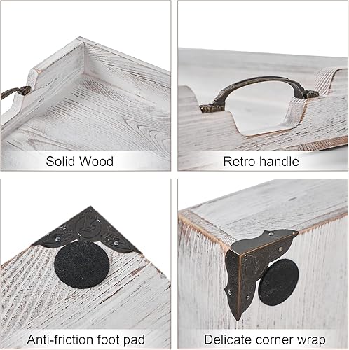 Miniatura 9 de Bandeja rectangular grande de madera para servir de 20 x 14 pulgadas, bandeja otomana de madera rústica con mango de metal y esquinas envueltas,