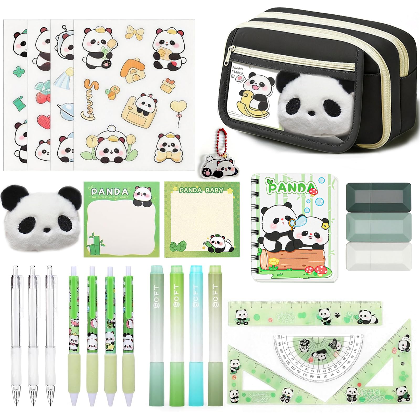 28 Pcs Trousse Panda Ensemble, Trois étages, Trousse Kawaii Panda | avec Surligneurs, Stylos gel, Règle, Ensemble de Fournitures Scolaires pour les Notes ou les Devoirs Quotidiens