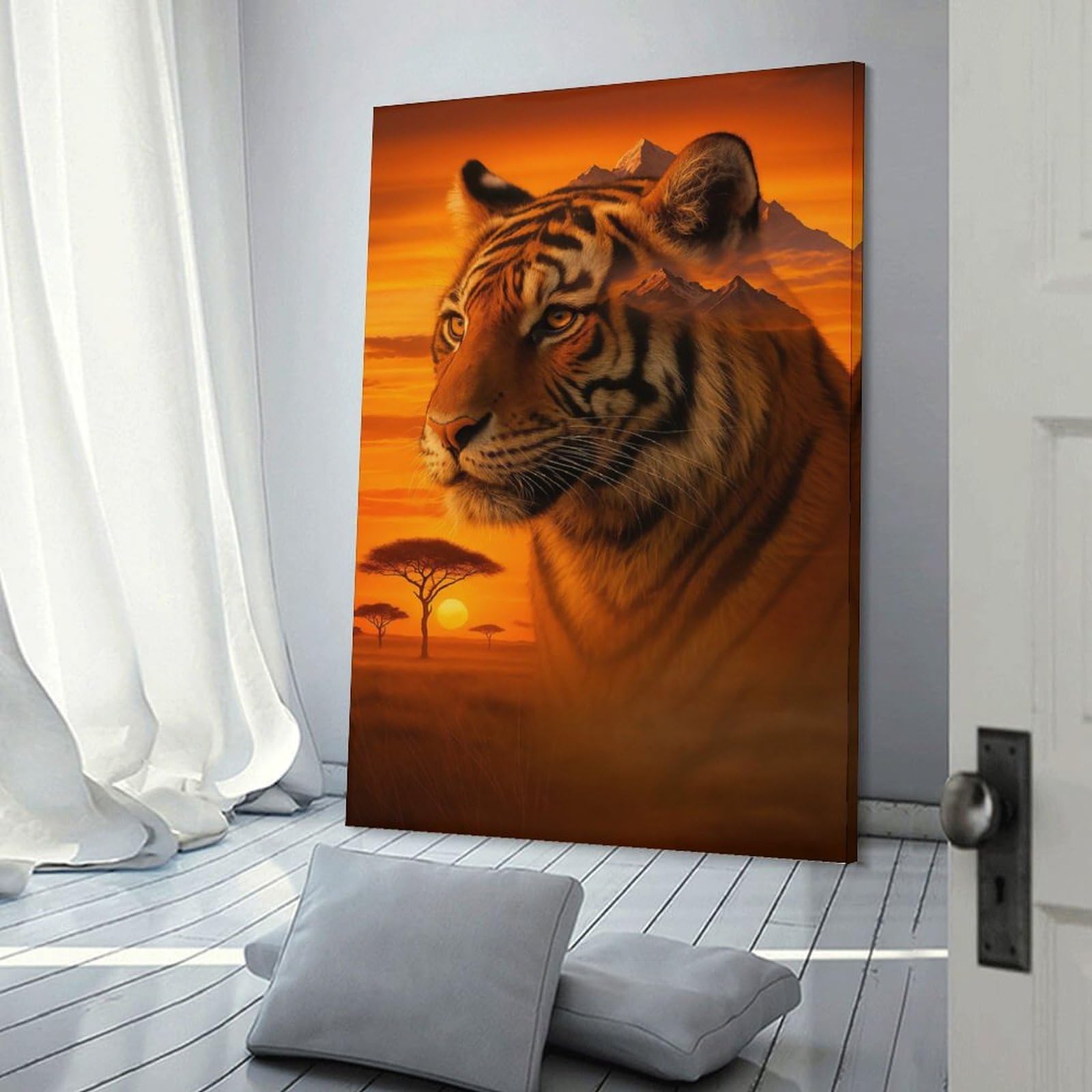 Junmoney Tiger Portrait with African Landscape Room Decor Wall Art, 16x24inch(40x60cm), for Entrance Spaces, Stair Walls Or Halls, A Stylish Accent for Home Entrances