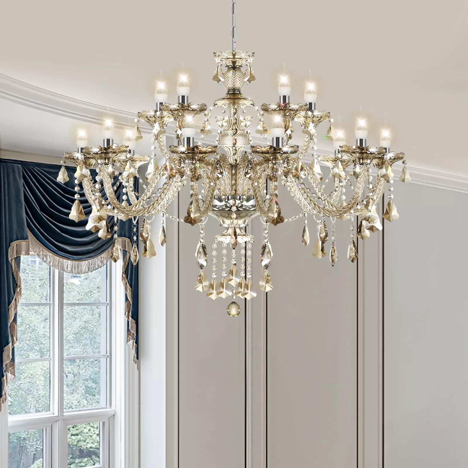 Luxuriöser 15-Lichter K9-Kristallleuchter Cognac, E14 Kerzen Kronleuchter, Moderne Hängeleuchte für Wohnzimmer Schlafzimmer Esszimmer und Gastronomie