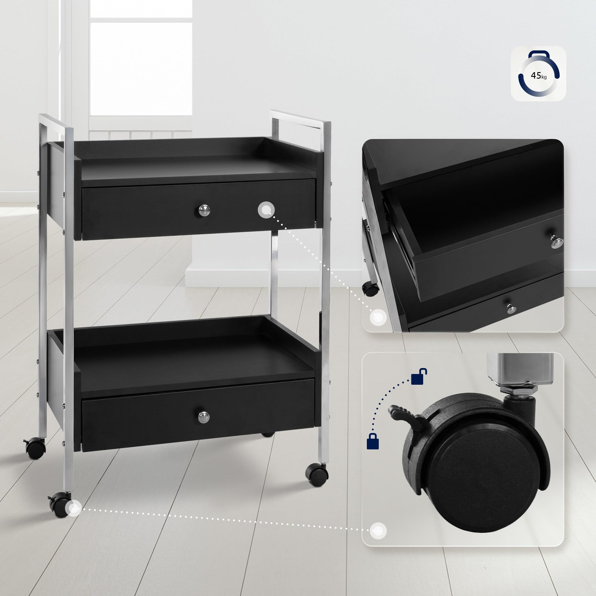 CLP Carrello Multiuso di Lusso I Carrello Multiuso su rotelle I Carrello con Due cassetti e Ripiani, Colore:Nero