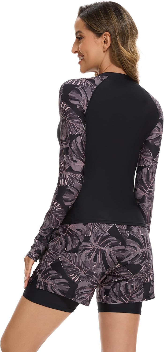 Rash Guard for Women 3 Piece Swimsuits Long Sleeve Bathing Suit with Boyshorts and Bra Ladies Swim Over 50 UPF 50+ - Image 4