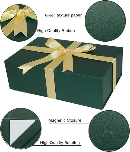Miniatura 4 de YINUOYOUJIA Cajas de regalo grandes verdes con tapa, caja de regalo magnética de 14 x 9 x 4.5 pulgadas con cinta, tarjetas y sobres para regalos,