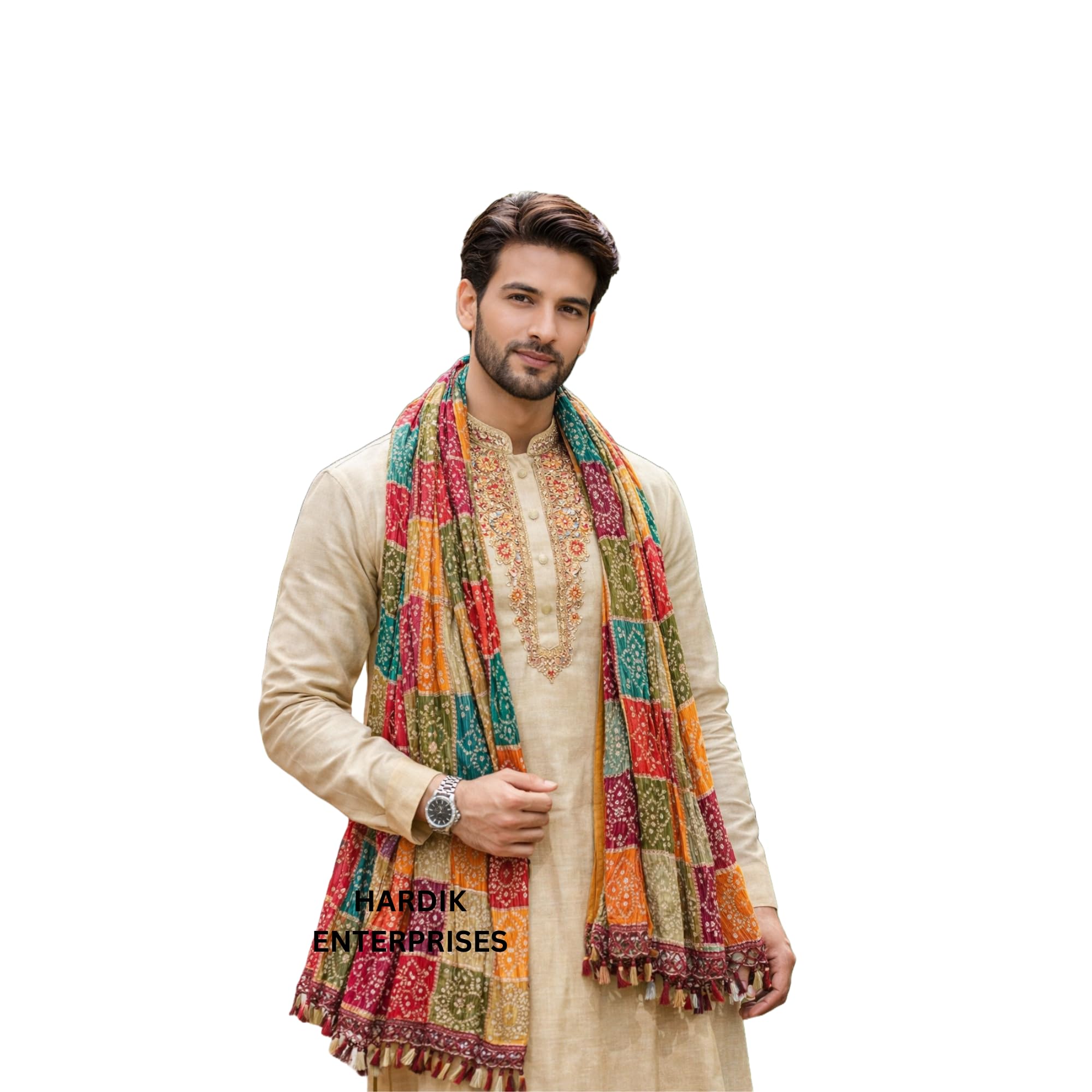 Multicolor Patchwork Art Silk Stole for Men & Women | 2.25 Meter Rajasthani Bandhani & Patola Print Stole with Tassels | Traditional Jaipuri Style Scarf for Kurta, Sherwani & Wedding(1 Pc)-image-6