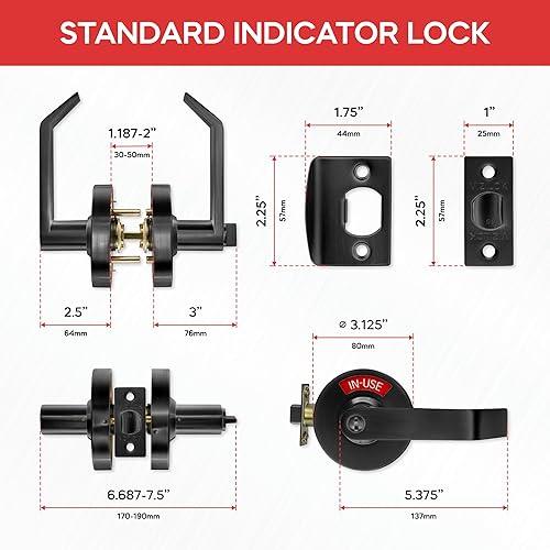 Miniatura 50 de VIZILOK Cerradura de puerta comercial para privacidad del baño, indicador ocupado vacante de alta resistencia en cromo satinado, grado ANSi 2