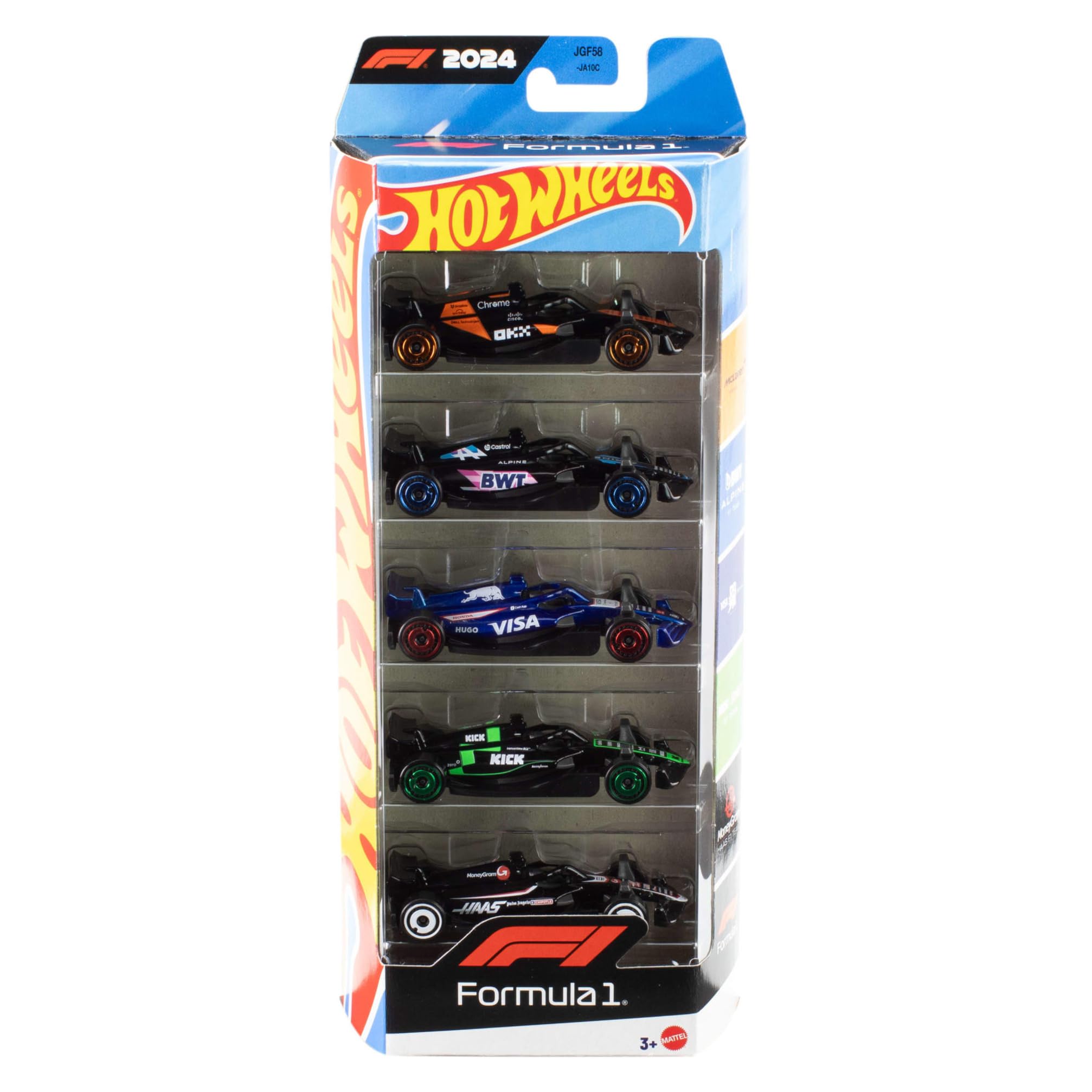 Hot Wheels Formula 1 Pack de cinco coches de carreras, vehículos de juguete coleccionables metálicos a escala 1:64 con decoraciones de equipos de F1, JGF58