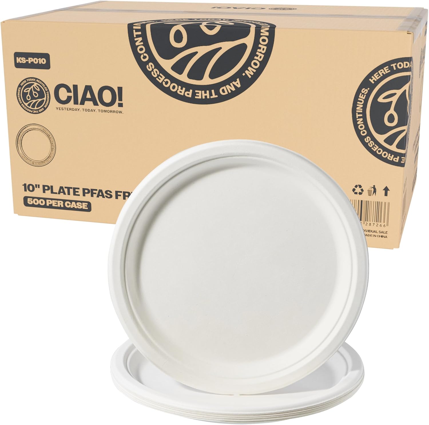 CIAO! 7" Heavy Duty Plate 100% Compostable Ecofriendly PFAS Free Unbleached Bagasse Natural White (Pack of 1,000)