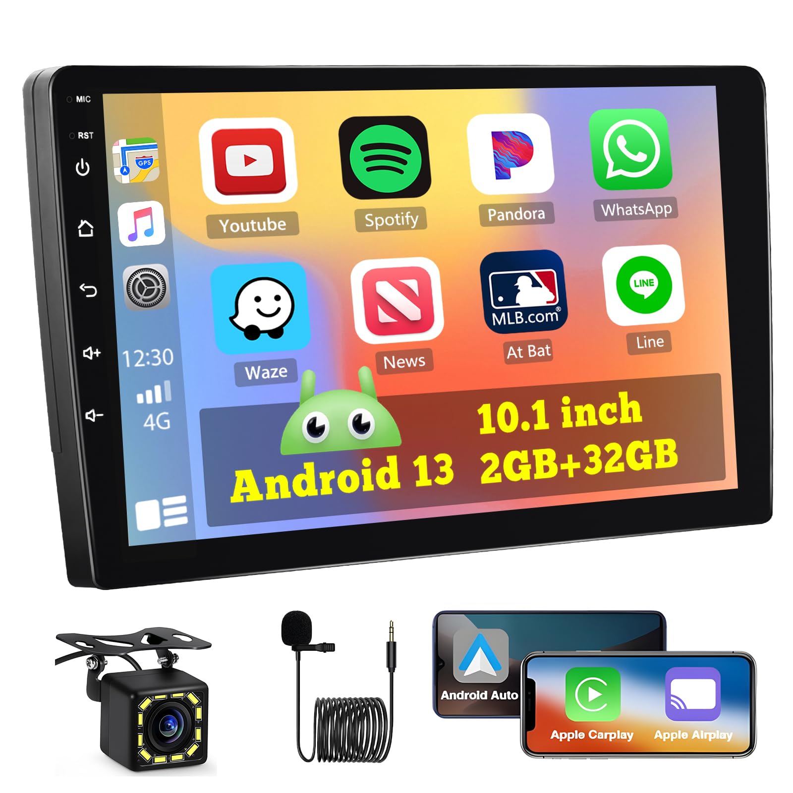 Hikity Android Car Stereo Double Din, 10.1 Inch Touchscreen Wireless Carplay Android Auto Indash Radio with GPS Bluetooth FM WiFi Mirror Link SWC + Backup Camera/Microphone