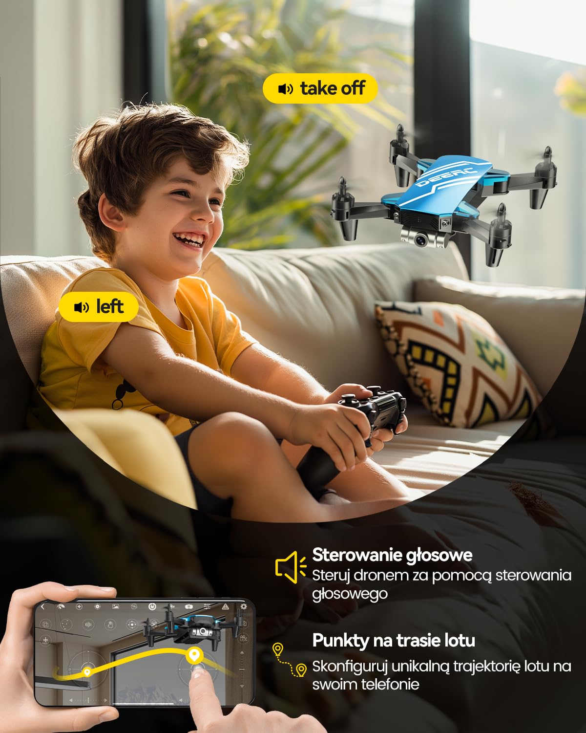 DEERC D20 Mini Drone Avec Caméra 720P, Pliable, 2 Batteries, Contrôle Vocal/Gestuel, Flips 3D – C0 – Bleu