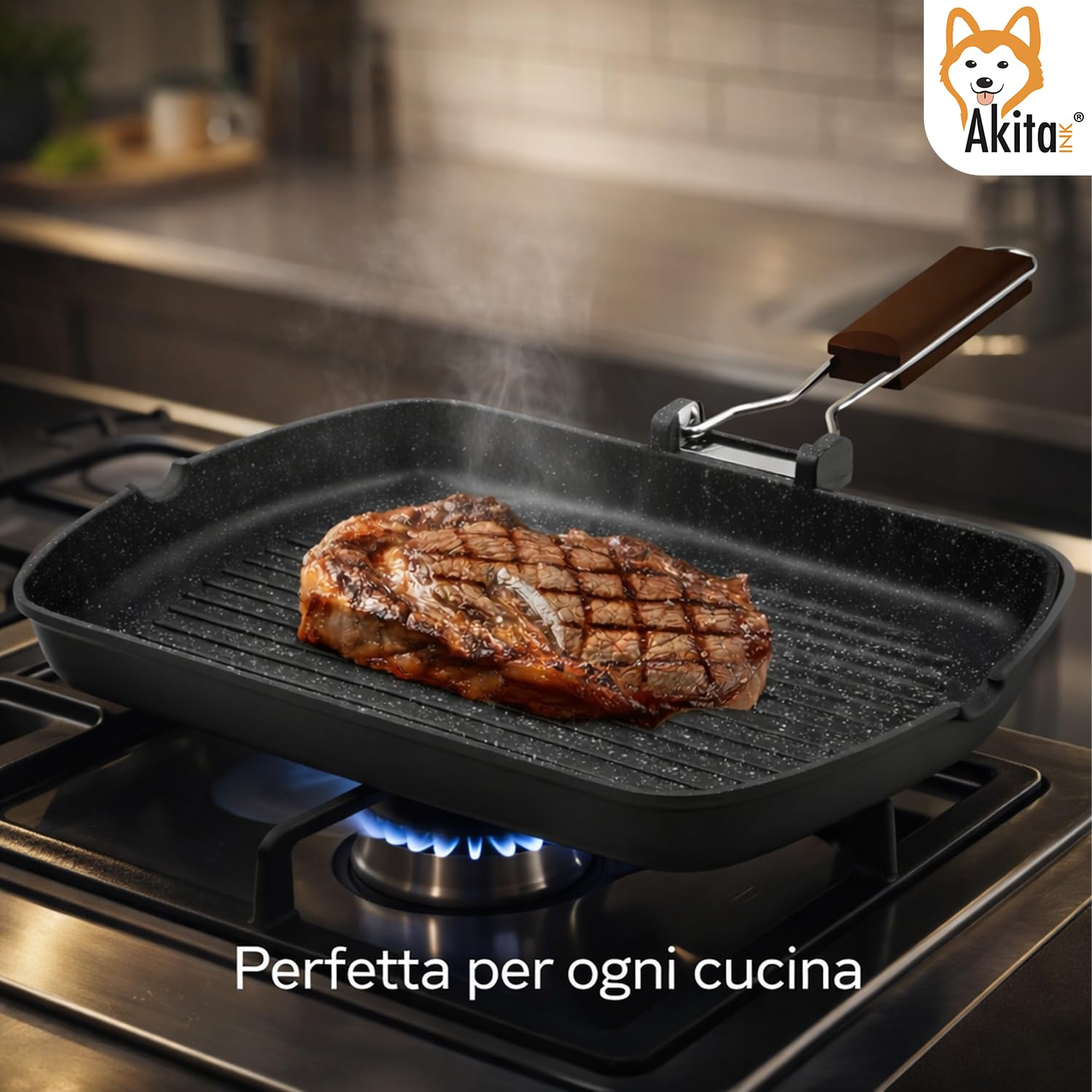 AKITAInk Bistecchiera in Alluminio Pressofuso Antiaderente Quadrata e Rettangolare, Ideale per Carne, Verdure e Grigliate, Compatibile con Induzione, 26x36 cm