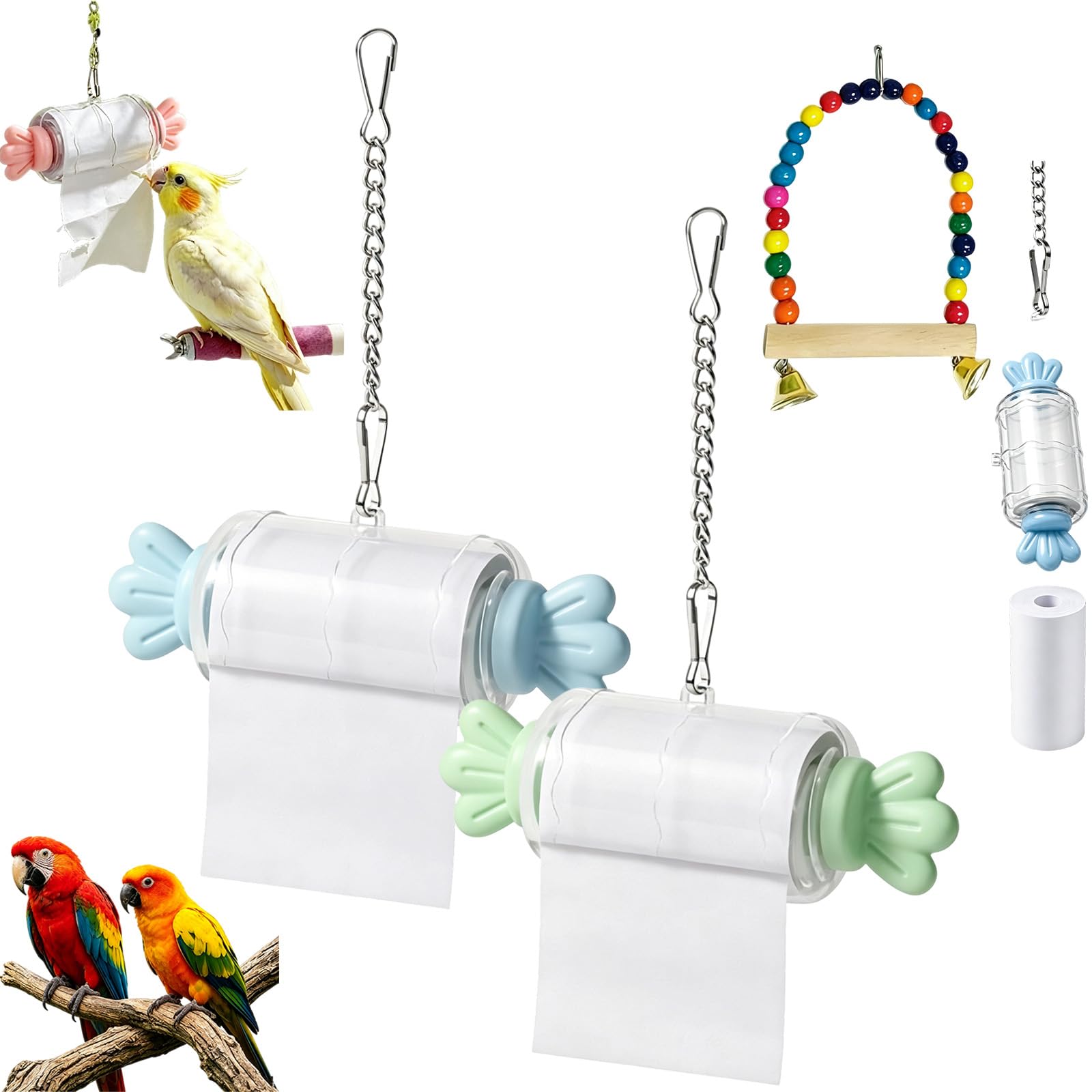 Parrot Rolling Paper Play Toy with Hanging Chain, Bird Foraging Roll Paper Holder, Bird Shredding Toys, for Cockatiels, Budgies, Conures, Parakeets, Lovebirds (2-b+g)