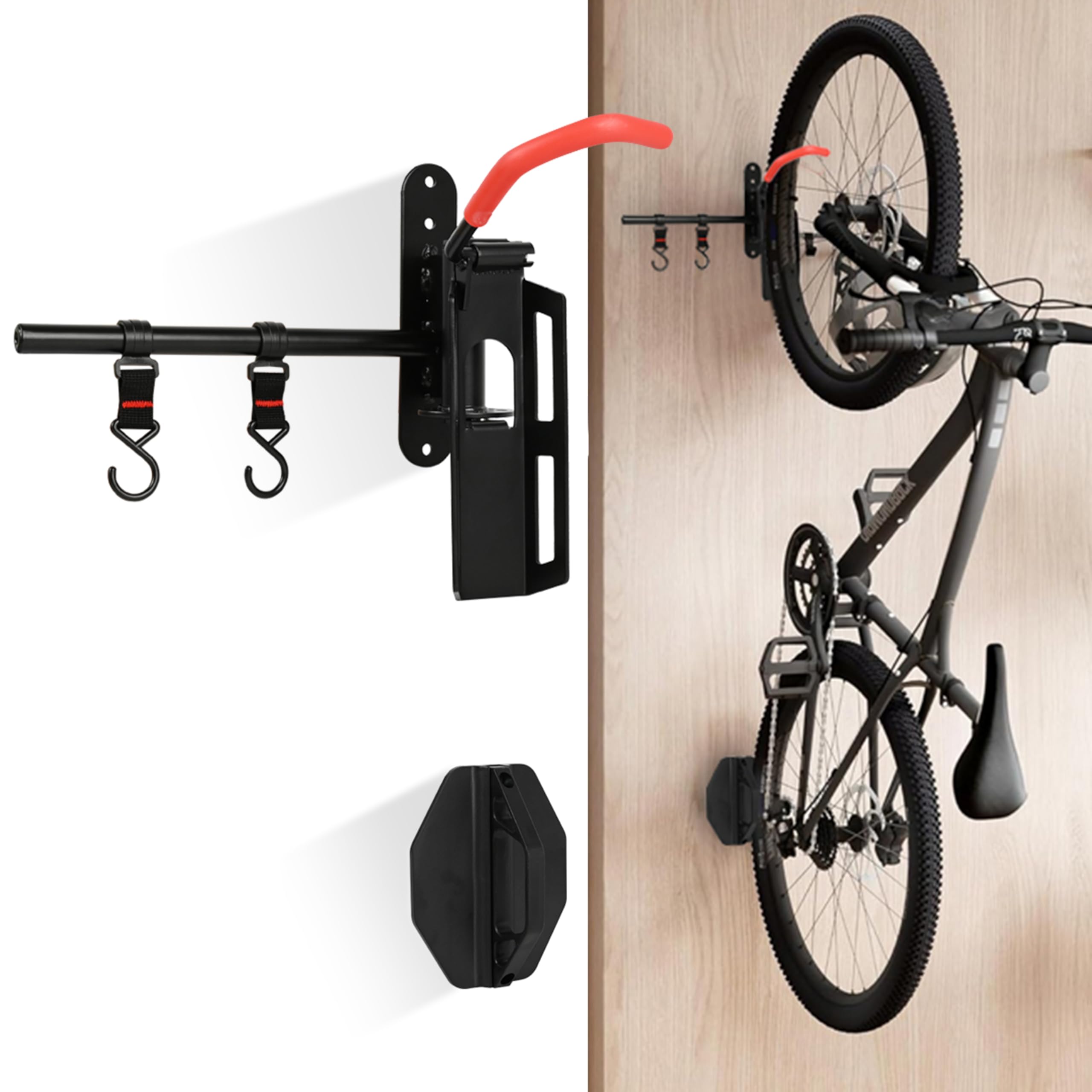 Support mural pour vélo vertical pivotant avec 2 crochets de rangement