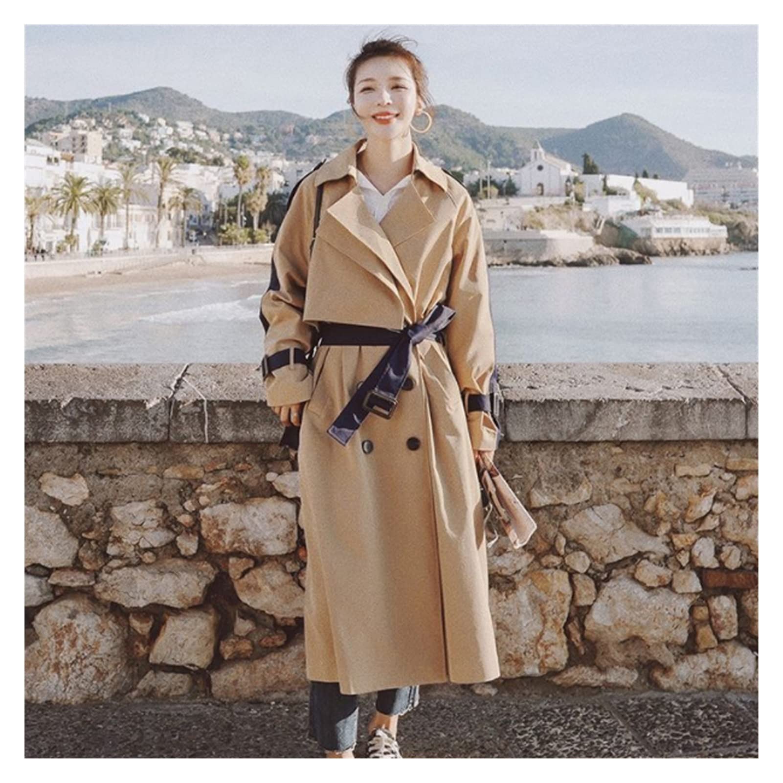 WSSBK Spring Women's trench Coat long Sleeve Hit Color Lapel With Belt Wild Casual Autumn Clothing