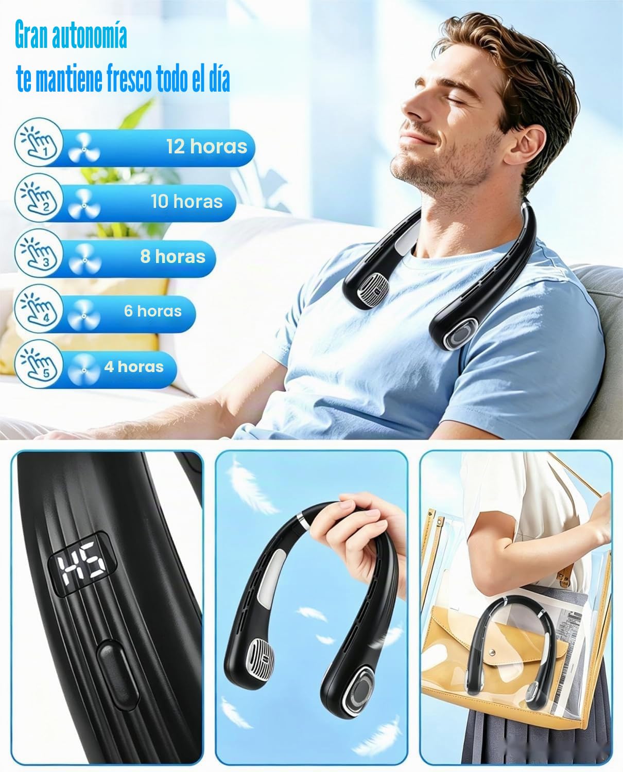 Ventilador Cuello - USB Ventilador de Cuello Portátil Silencioso con Batería Recargable, Potente Collar Ventilador de Pescoco con Agua, Auriculares Ventilador Colgante Cuello, Ligero Personal Neck Fan