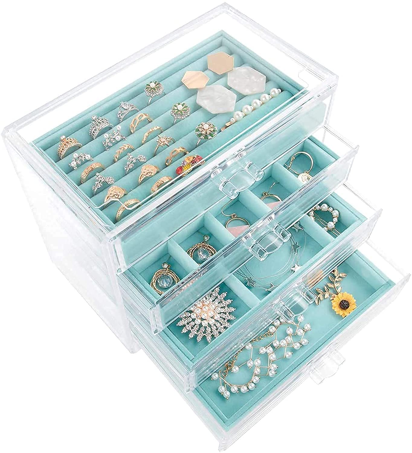 Acrylic with 4 Drawers Velvet Jewellery Storage Box Transparent Jewellery Storage Box for Women (Grey) (Gray) (White) (Blue)