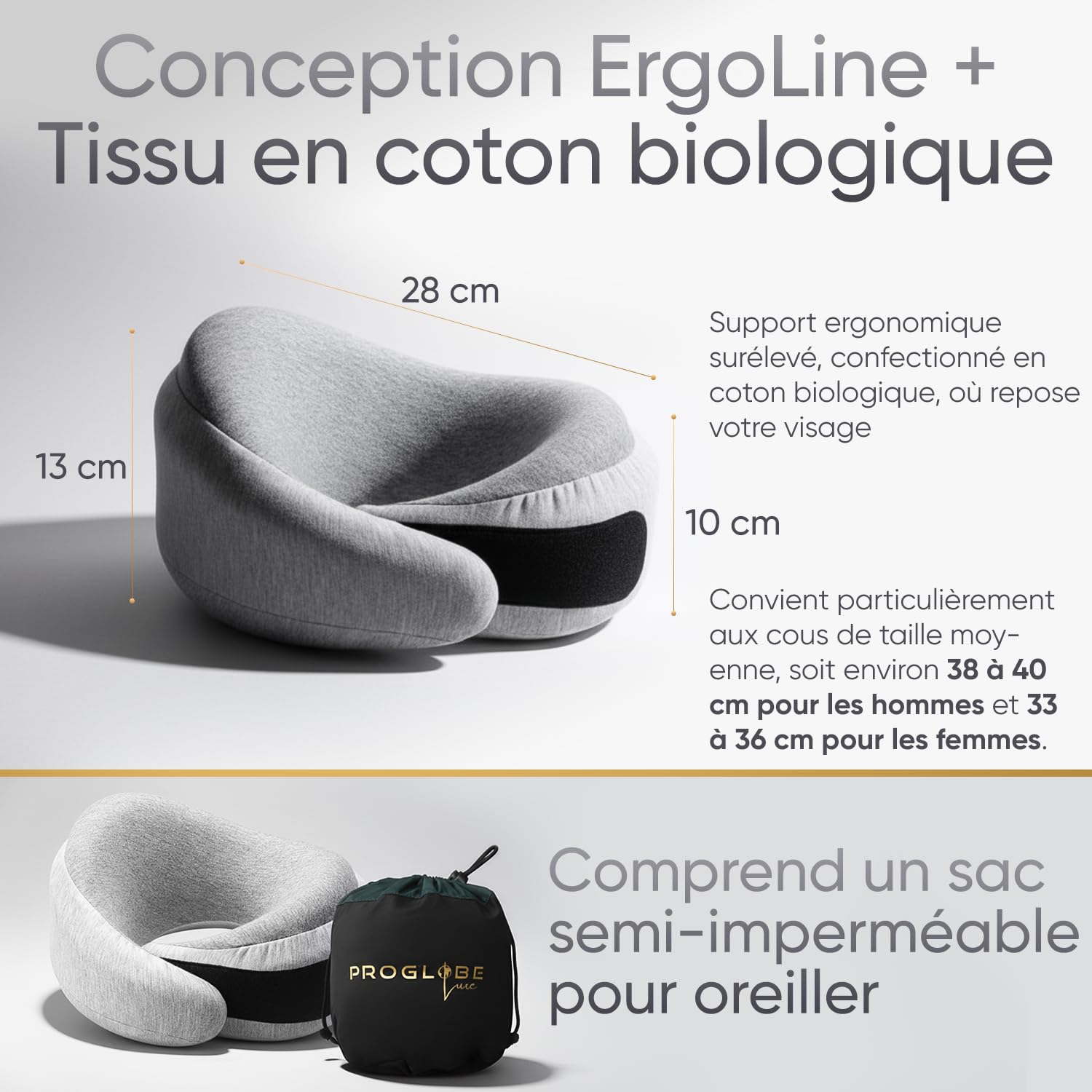 Proglobe Luxe Oreiller de Voyage Cervical 360° Avion, Gris Clair | Mousse à mémoire de forme, housse lavable en coton biologique et sac de transport compact.