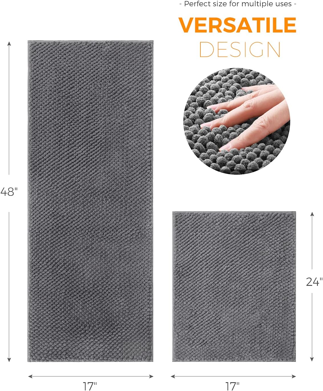 Pretigo Grey Kitchen Rugs Floor Rugs for Kitchen, Soft & Absorbent by Chenille Material, Washable Kitchen Rug Set Non Slip Kitchen Rugs and Mats 2 Pieces (17”×48” + 17”×24”)