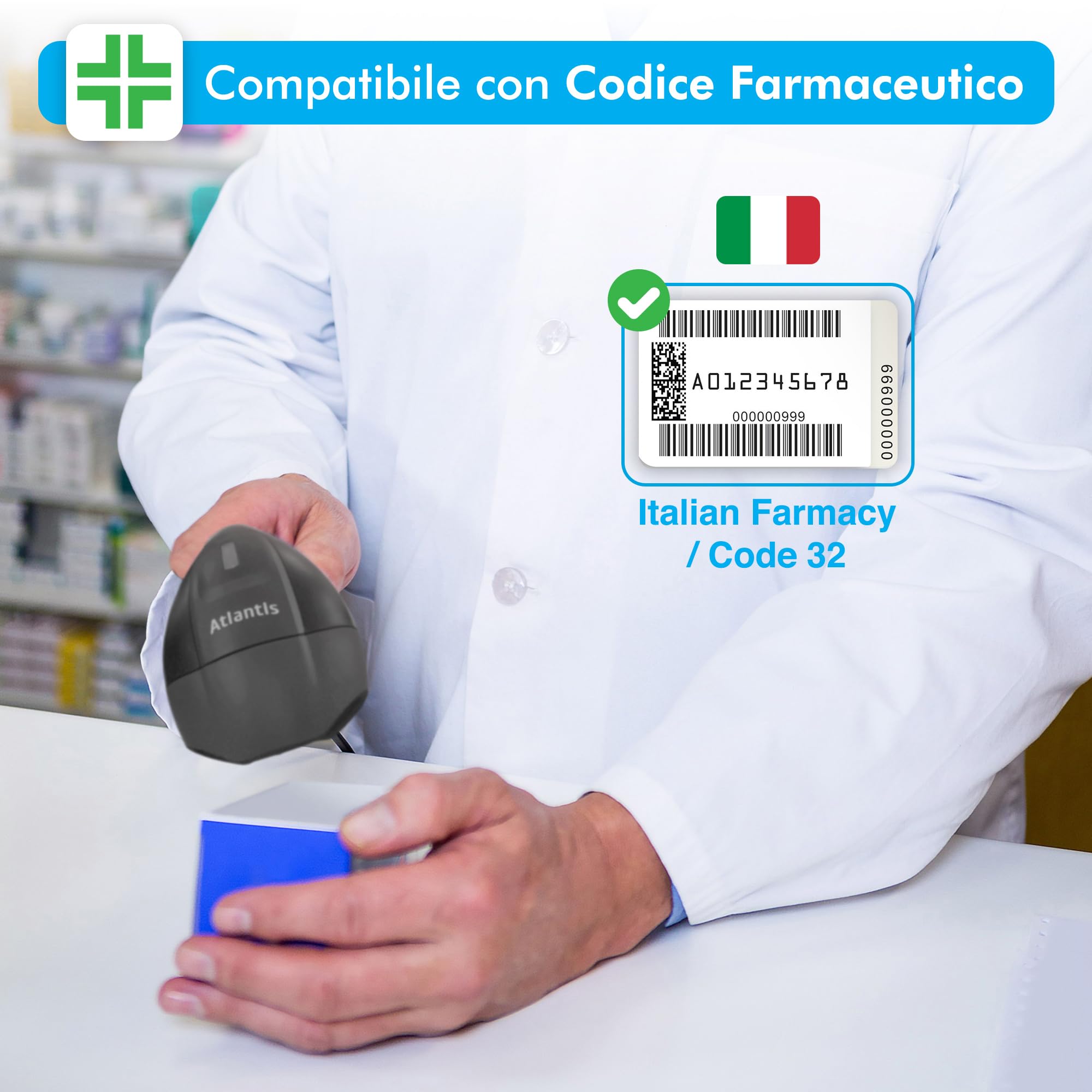 Atlantis A08-LS1552-W Lettore Codici a Barre Barcode reader scanner Wireless 1D Laser (650nm), 270 scansioni sec, codice farmaceutico, collegamento USB, guida rapida.