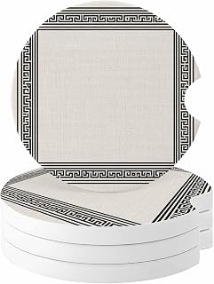 Black Cream Greek Key Car Coasters for Cup Holders Set of 4 Geometric Greece Ancient Rustic Absorbent Ceramic Coaster with Cork Base and Finger Notch 2.6" Drink Mat Auto Decor Accessories Interior