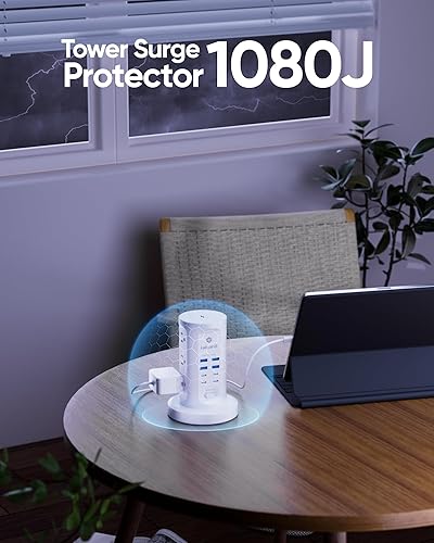Miniatura 4 de Torre de regleta de alimentación, torre protectora de sobretensiones, 9 salidas de CA, 8 USB (4 USB C), cable de extensión retráctil de 6 pies,
