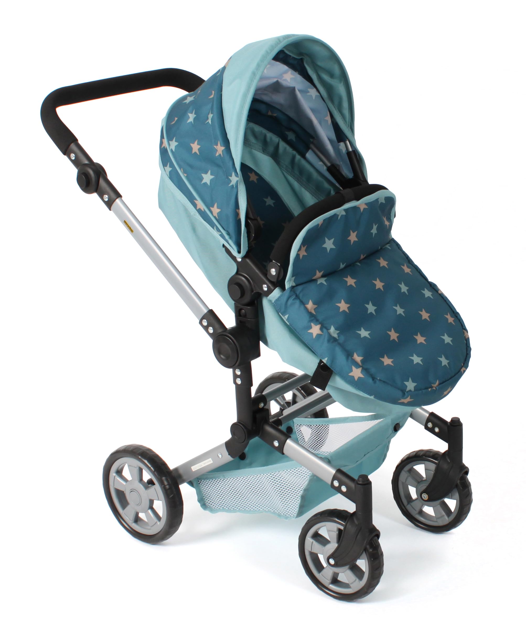 Bayer Chic 2000® 2 w 1 wózek dla lalek Linus - gwiazdka turkusowa - składana, z regulacją wysokości 47-78 cm – lalki do 52 cm, 4-8 J.