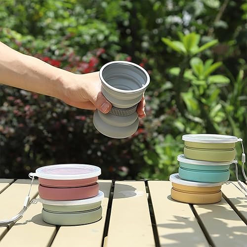 Miniatura 16 de IYYI Taza de viaje plegable de silicona, taza de campamento plegable de 9.22 onzas con tapa, juego de tazas para beber expandibles, taza de café