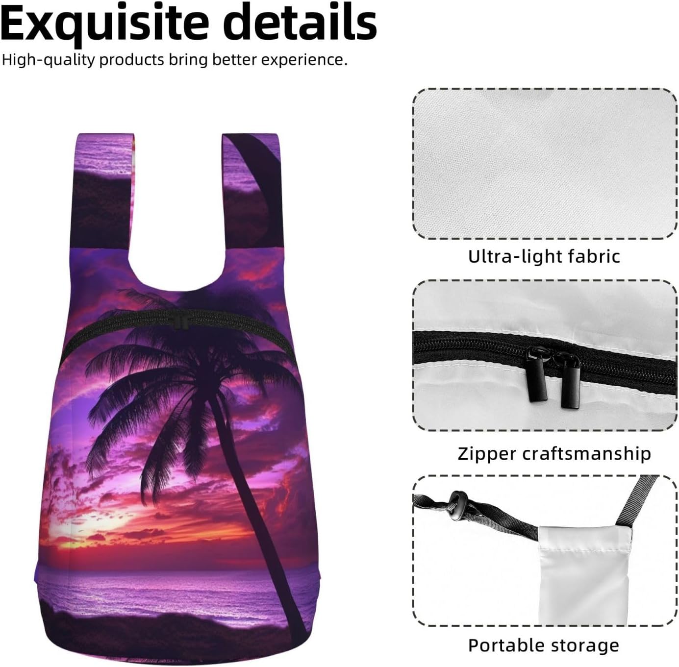 Palm Tree Purple Sunset Backpack - Lightweight 16L Foldable Hiking Daypack Packable Back Pack Travel Bag Zipper image 5