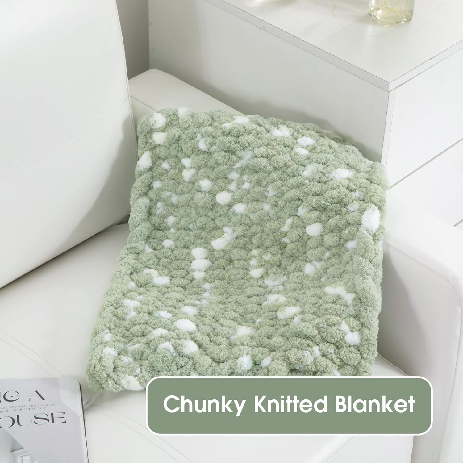 MABOZOO Thick Chunky Yarn for Hand & Arm Knitting,Super Bulky Big Soft Pluffy Chunky Blanket Yarn for Crocheting,8 Pack,Sage Green & White