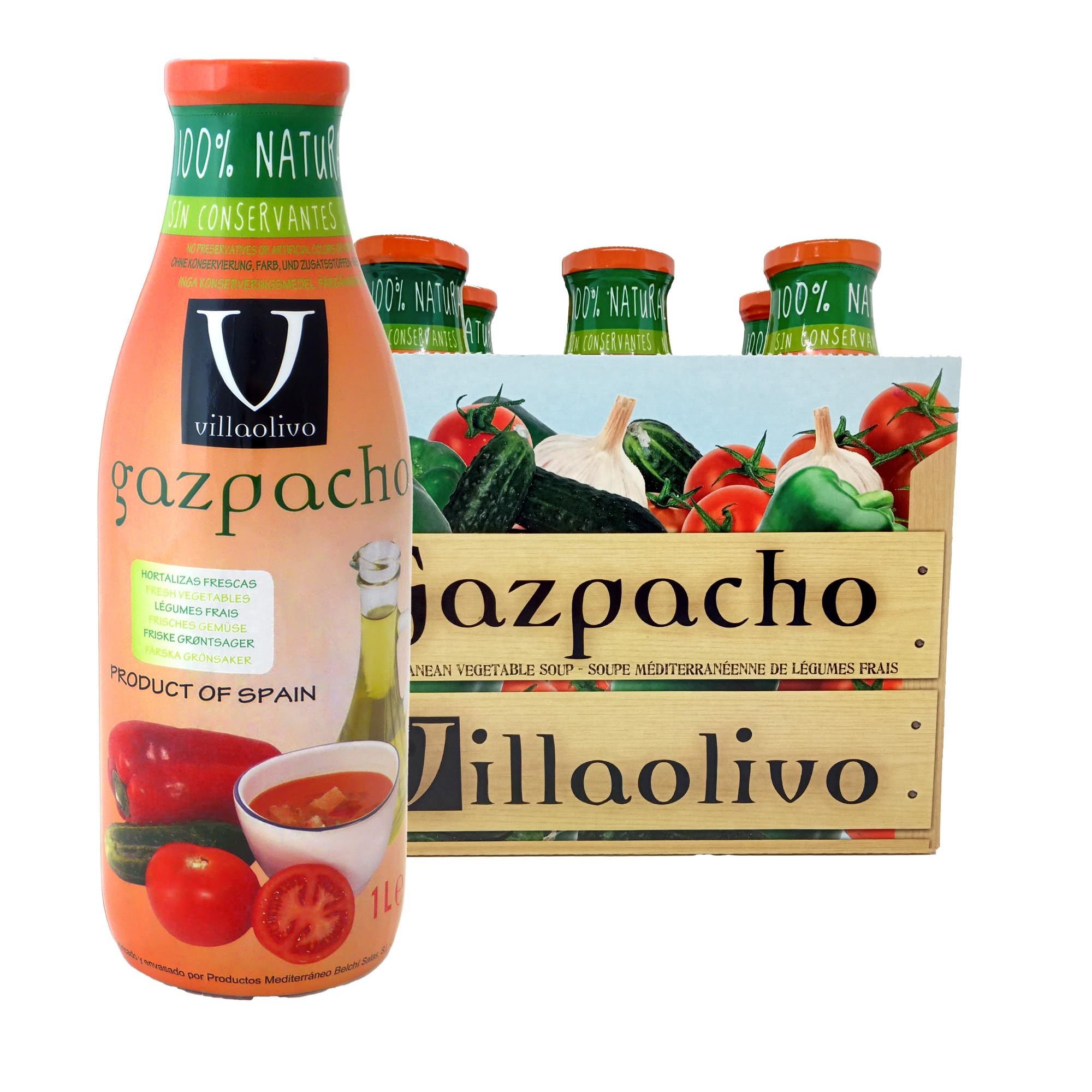 Villaolivo Gazpacho Tradicional 1L Pack 6 Sopa Fría Española 100% Natural Sin Conservantes