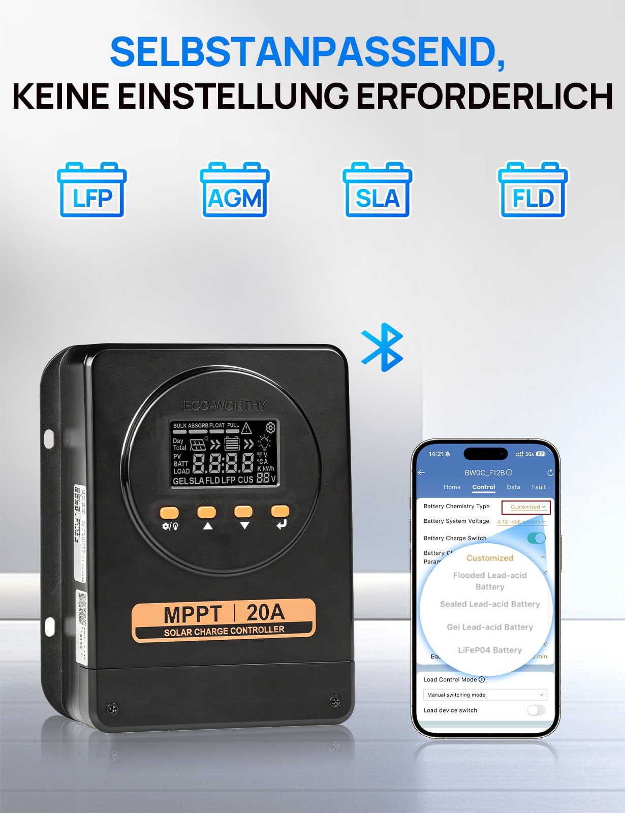 ECO-WORTHY 20A MPPT Laderegler, 12V/24V mit automatischer Erkennung, Bluetooth, App und Display, kompatibel mit Blei-Säure-/SLA-/FLD-/LFP-Batterien, geeignet für Wohnmobil und netzunabhängige System