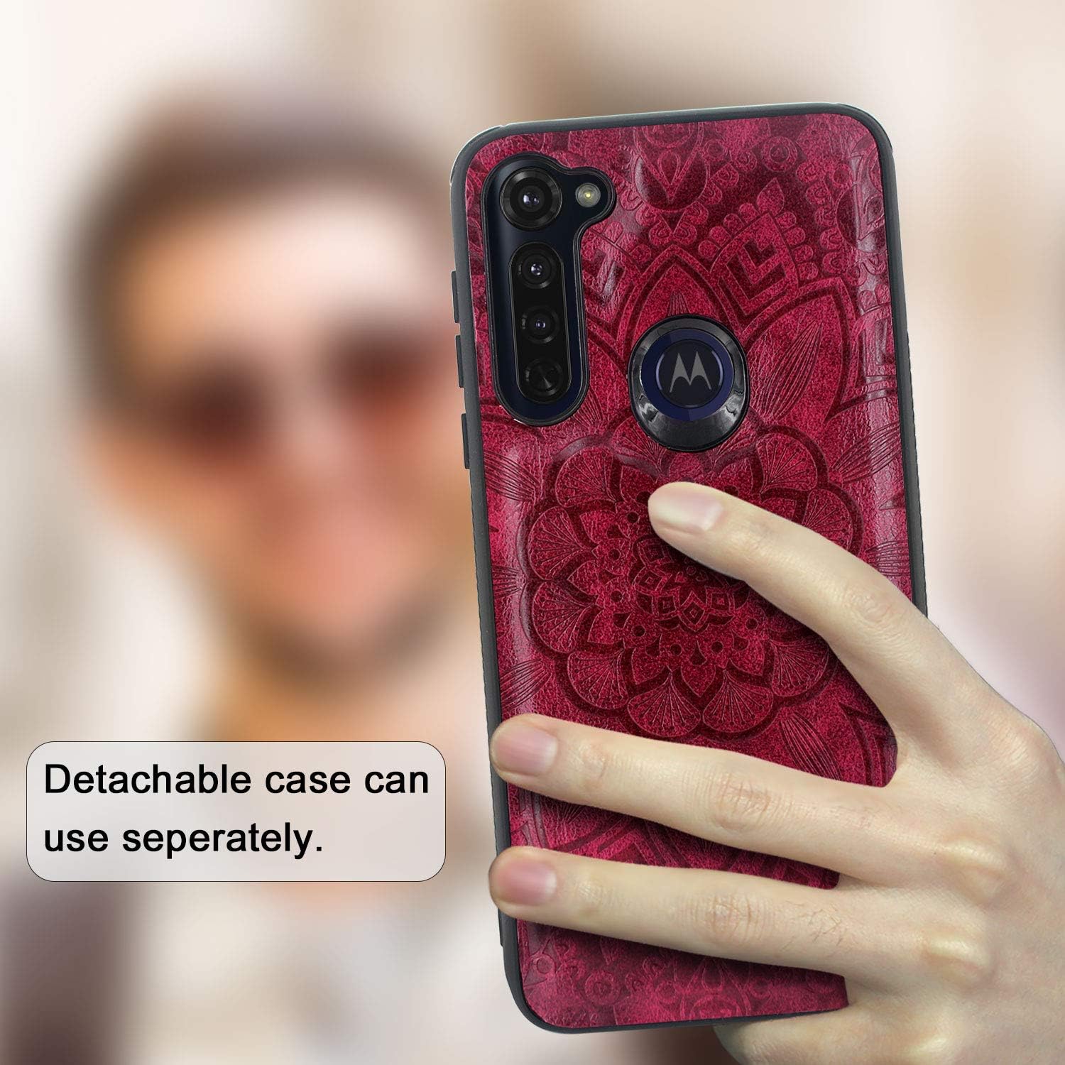 Harryshell Detachable Magnetic 12 Card Slots Wallet Case Shockproof PU Leather Flip Protective Cover Wrist Strap for Motorola Moto G Stylus 2020 / Moto G Pro (Flower Wine Red)