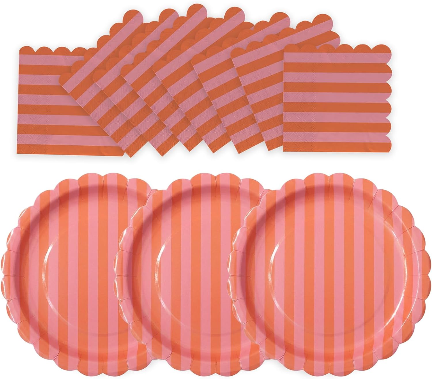 50 PCS Cabana Stripe Party Supplies Set, Pink Orange Striped Scalloped Paper Plates and Napkins, 9 Inch Disposable Dinner Plates for Summer Sunset Party, Pool Party, Beach Picnic, Tropical Birthday
