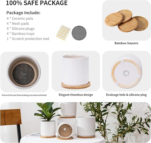 Miniatura 3 de Macetas de cerámica de 5.25 pulgadas + 4 pulgadas con orificio de drenaje y platillo de bambú, macetas para suculentas con relieves geométricos