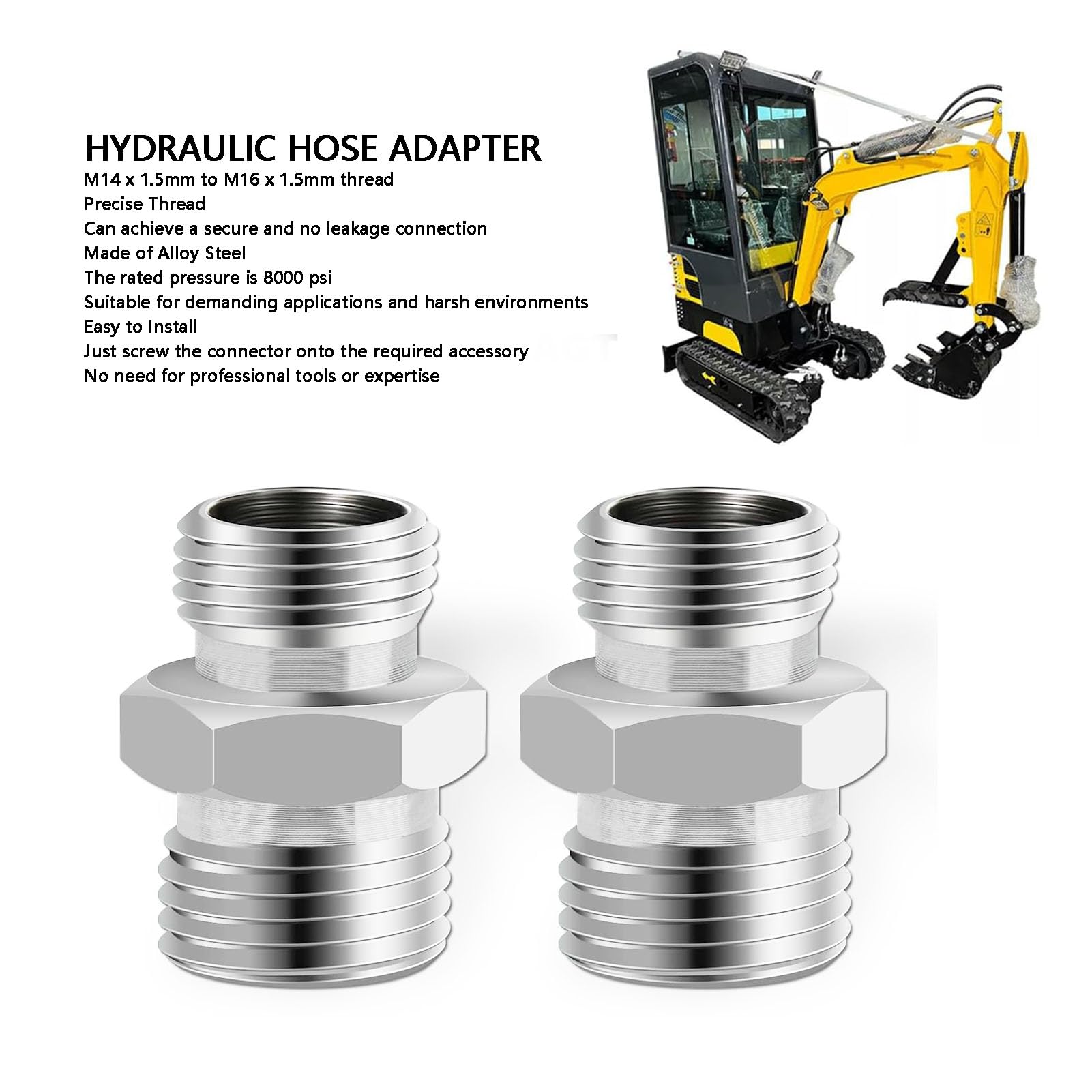 Yunseity M14 To M16 Hydraulic Hose Adapter – Alloy Steel, 8000 PSI, Threaded Connector For FF Industries, VICSEC, Miva, Machpro, TPM Excavators