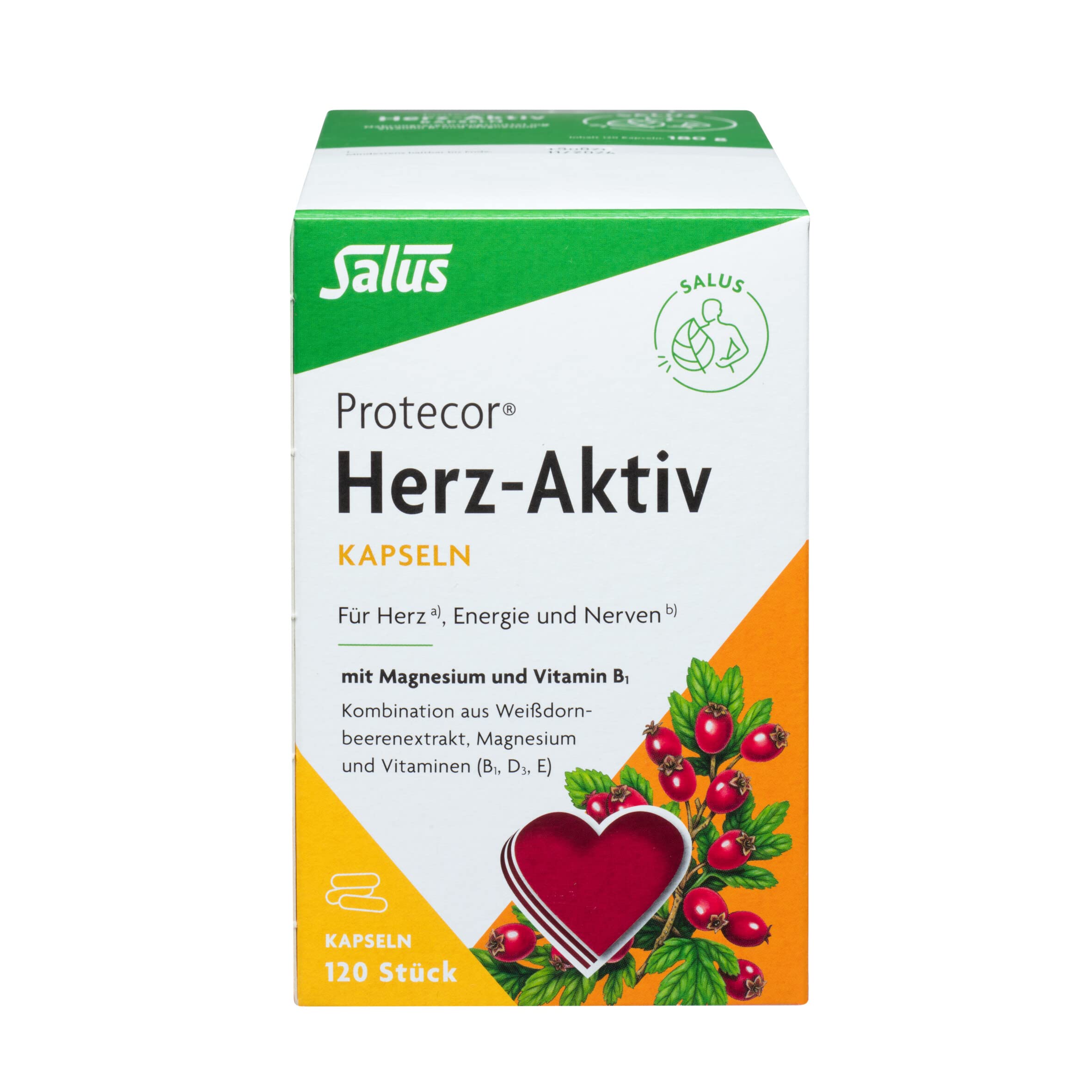 Salus Protecor Herz-Aktiv - 1x 120 Kapseln (180 g) - Nahrungsergänzungsmittel mit Vitamin B1 und Magnesium - zur Unterstützung der Herz und Muskelfunktion - Vitamin E und D3 plus Weißdornbeerenextrakt