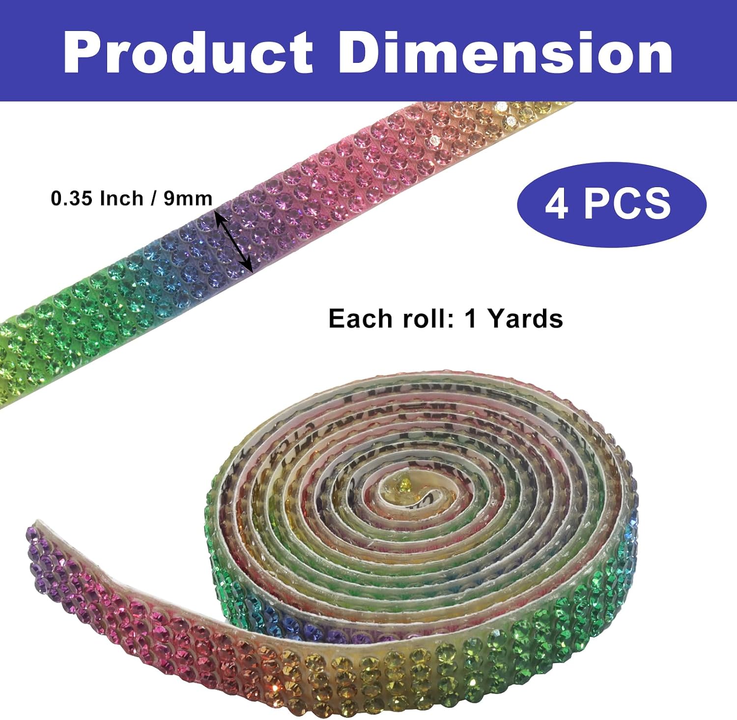 4 Pack Self Adhesive Bling Glitter Rhinestone Trim, 9mm Wide Rainbow Colors Diamond Belt Tape Stickers, Crystal Strips for Craft Arts, Wedding, Birthday DIY & Clothes Decoration