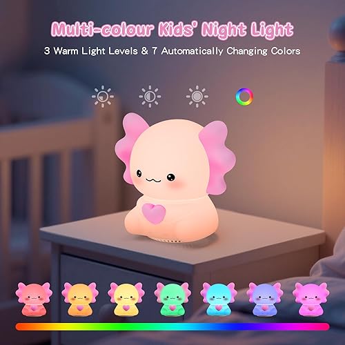 Miniatura 3 de Axolotl - Luz nocturna con máquina de sonido, lámpara táctil de silicona rosa, altavoz inalámbrico, control remoto, tacto suave, lámpara de