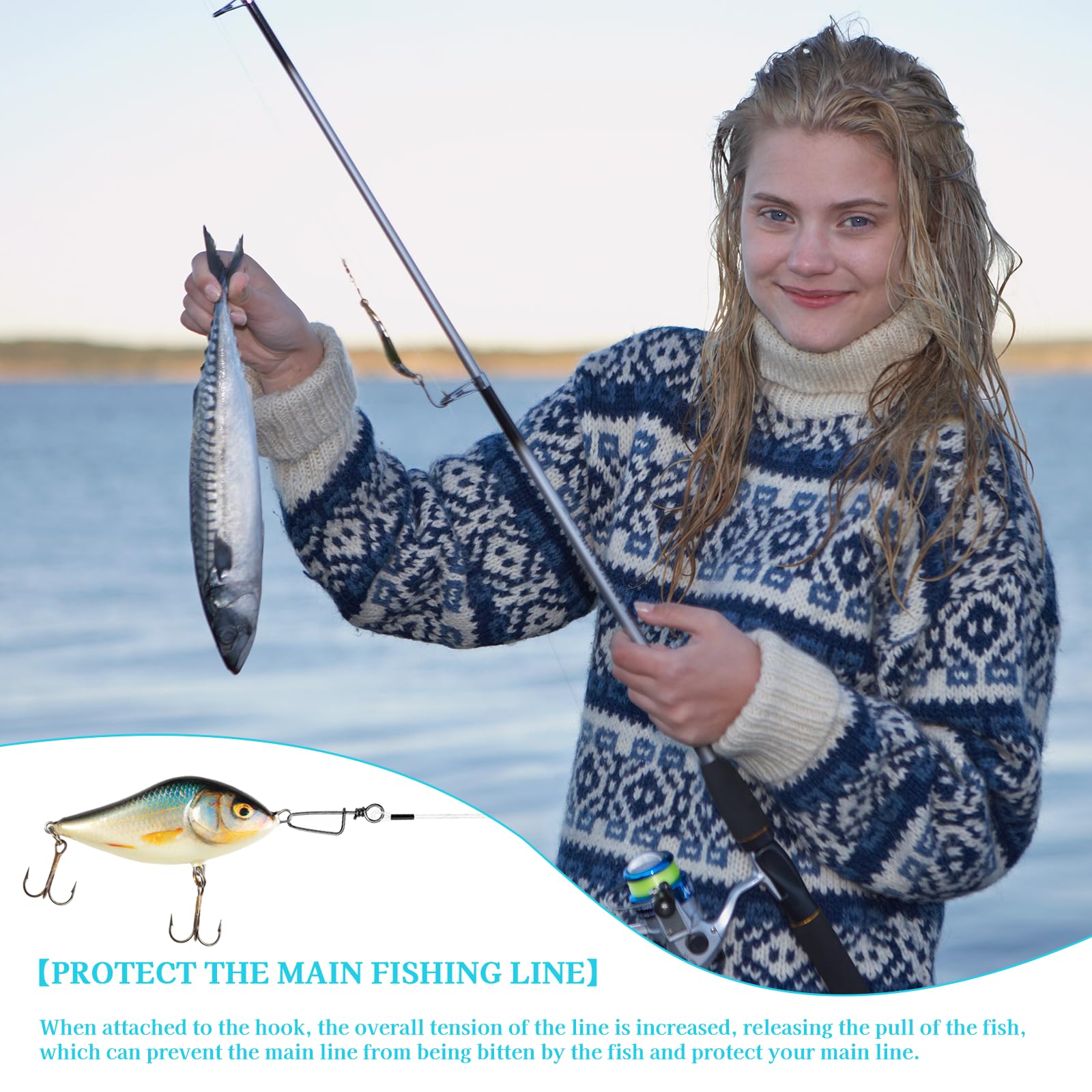 12 anzuelos de acero para pesca de lucio, de fluorocarbono, con remolino y mosquetón, accesorios de pesca para pesca de spinning, anzuelos de pesca para agua salada y agua dulce